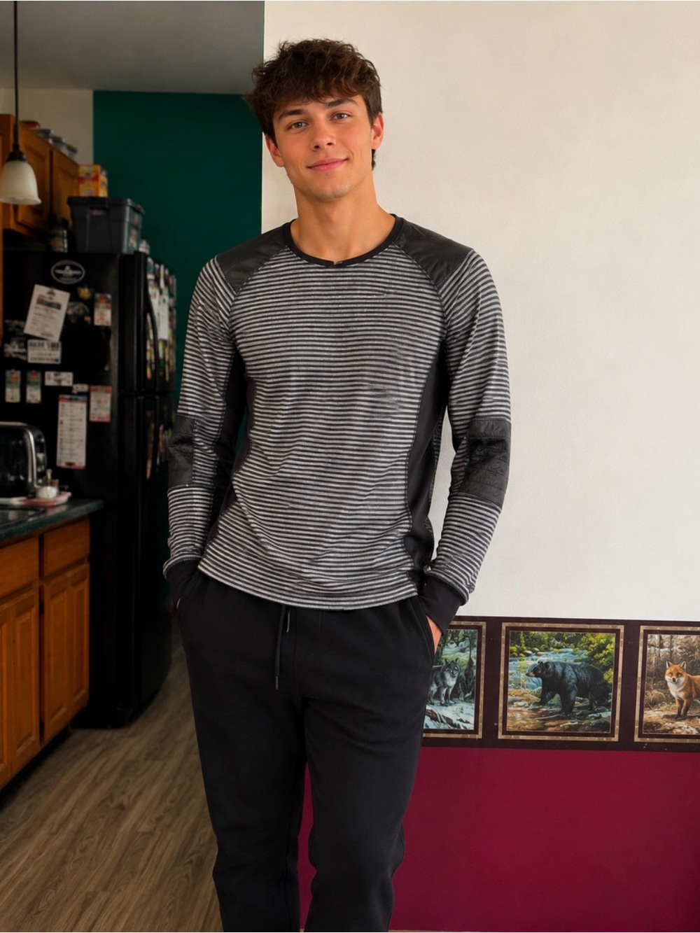 Mondetta Men's Long-Sleeve Black & Gray Striped Crewneck XL
